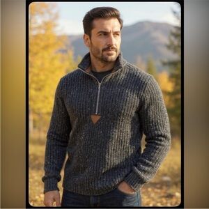 REI Vintage Donegal Wool Quarter Zip Sweater Mens Medium Pullover Green Ribbed